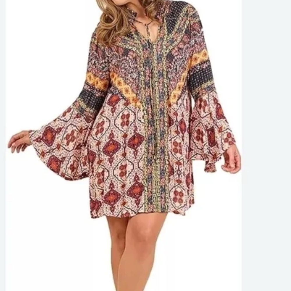 Umgee Daydream Believer Berry Multi-Print Trumpet Sleeve Dress. Size Medium.